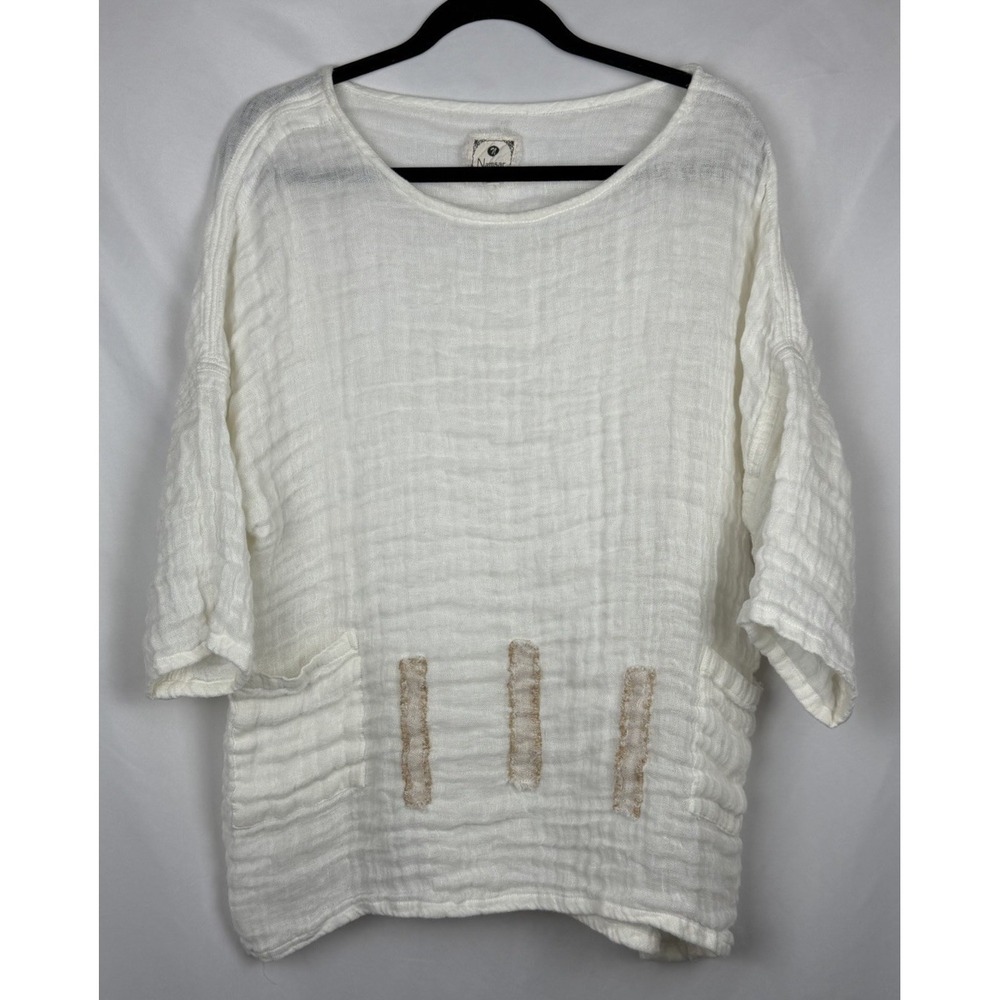 Namsar Gauze Tunic Top Womens One Size White Boho Lagenlook Pocket Blouse Eco